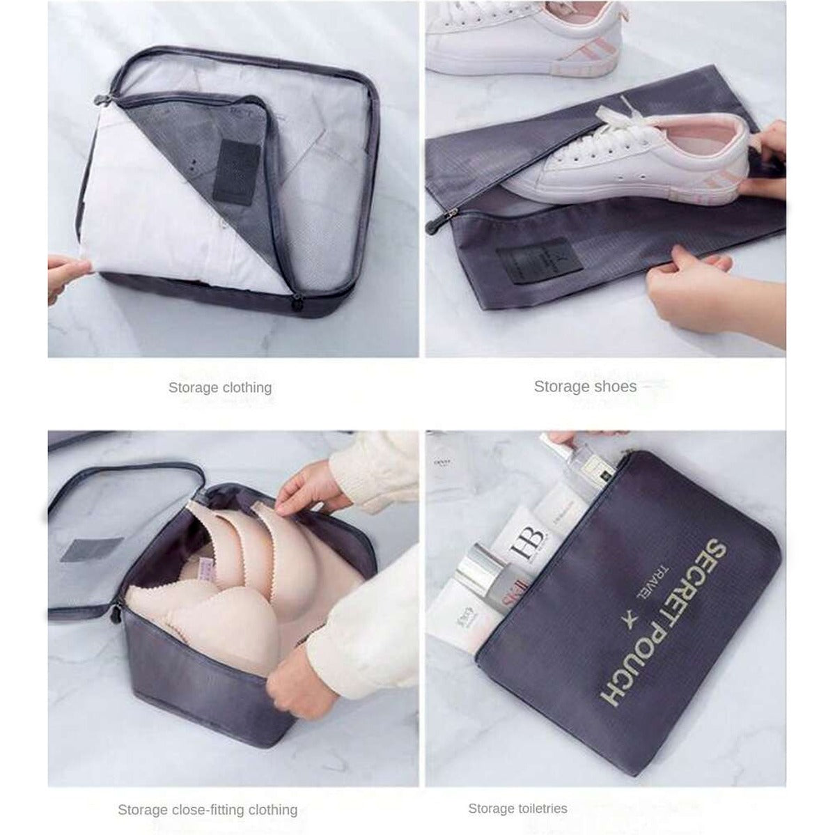 Multifunctional travel organizer bag being used to store clothing, shoes, and toiletries.