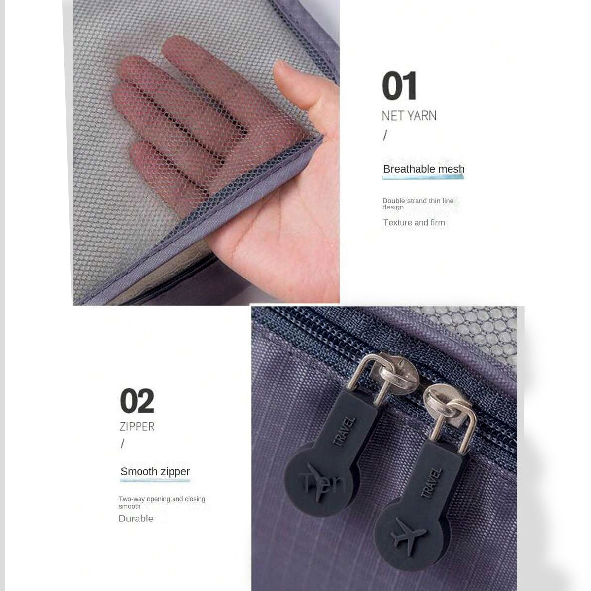 Product details with breathable mesh and smooth zipper of 7 Pcs Travel Organizer Bags Packing Cubes Set