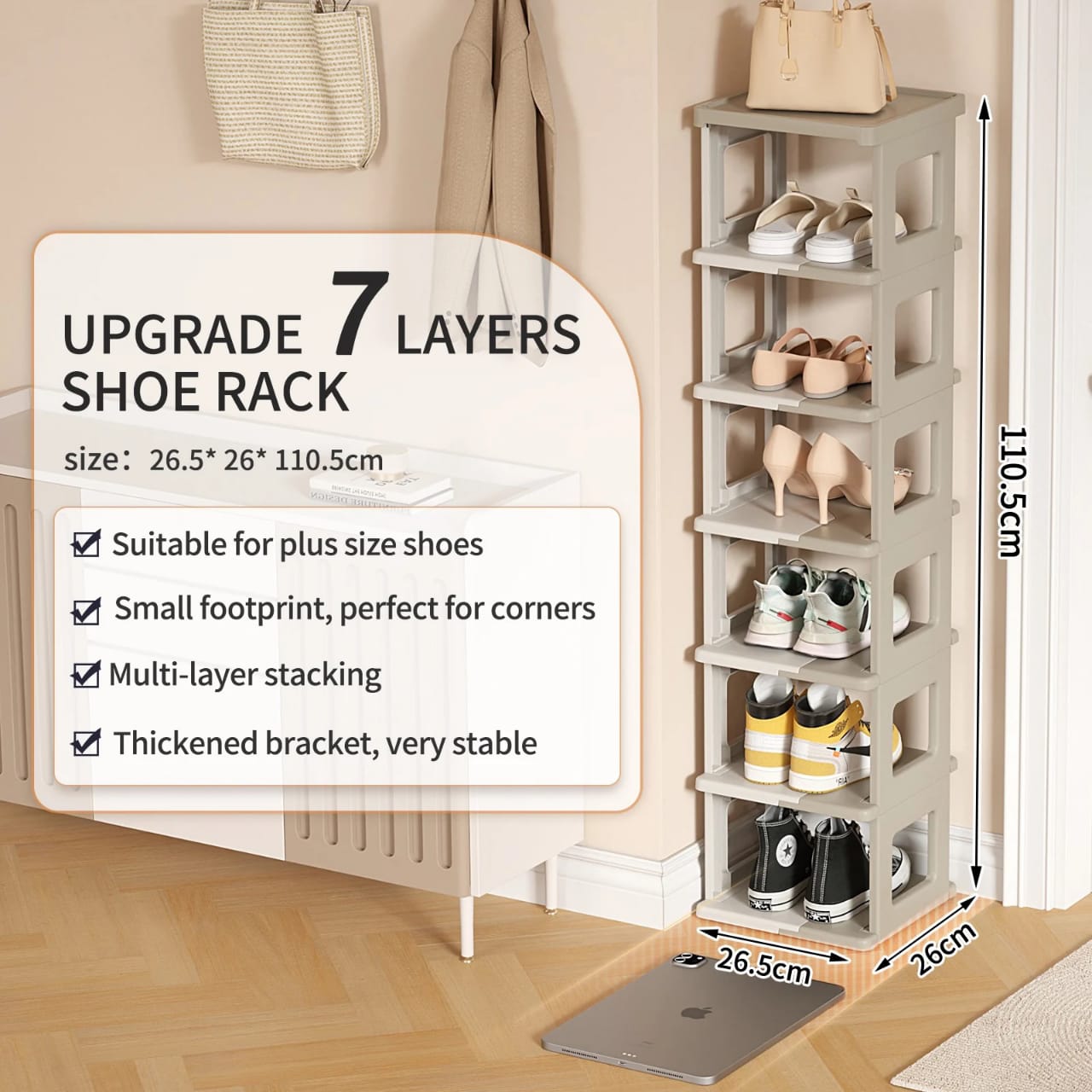 Shoes and Bags are Arranged on a Multi-layer Foldable Shoe Rack Shelf.