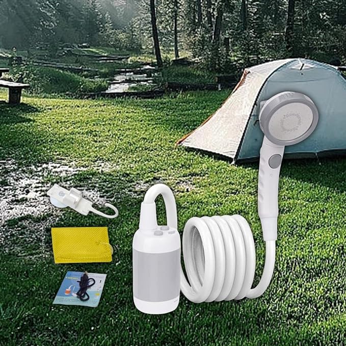 Showcasing Portable Outdoor Shower Set used for outdoor camping in a jungle 