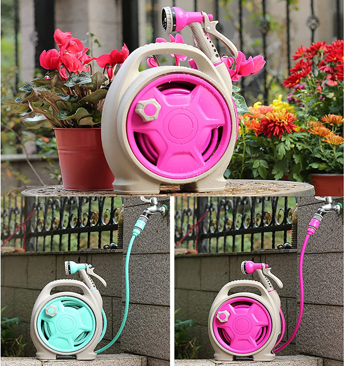 Collage image showing a Pink Water Spray Gun Set placed near to a flower verse and a Green Water Spray Gun Set connected to a pipe 