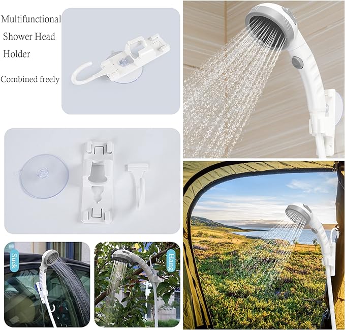 Collage image displaying the Portable Outdoor Shower hung on its Multifunctional Shower Head Holder in various locations 