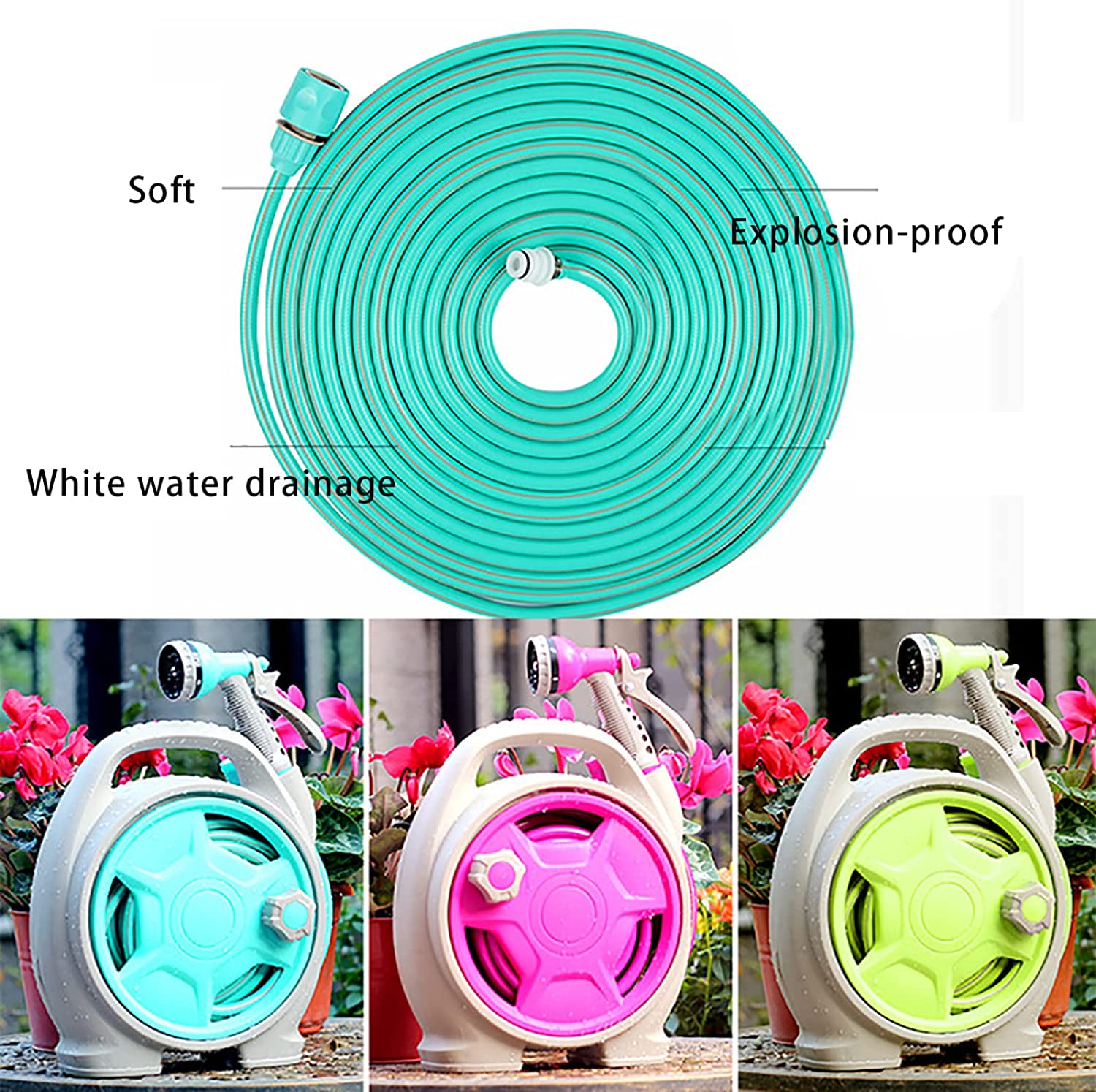 Collage image showcasing all color variants of Water Spray Gun Set and showing the advantages of its hose