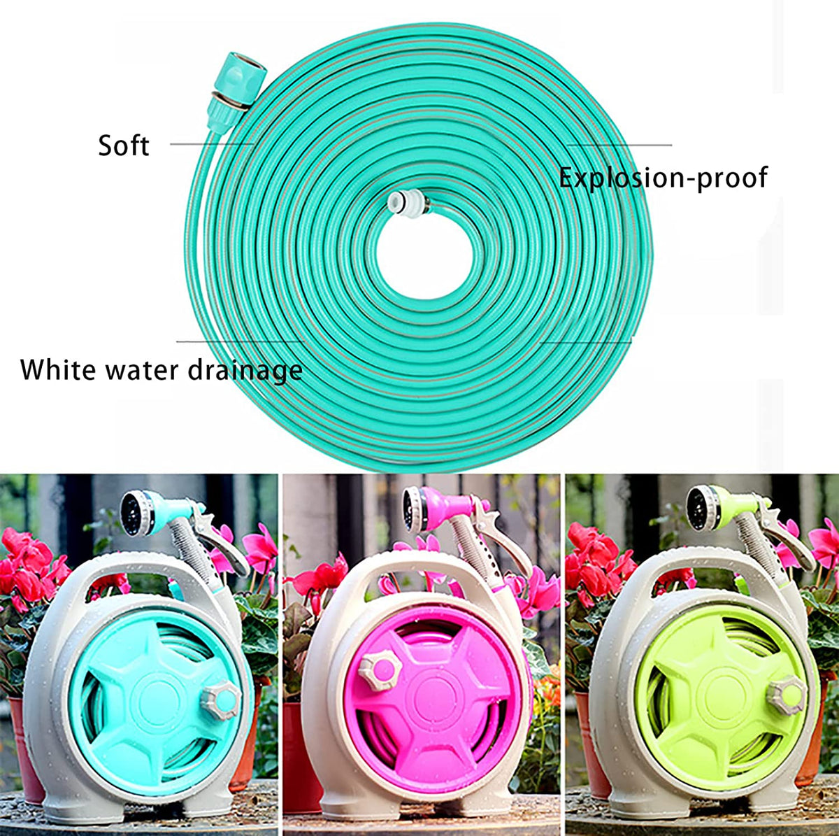 Collage image showcasing all color variants of Water Spray Gun Set and showing the advantages of its hose