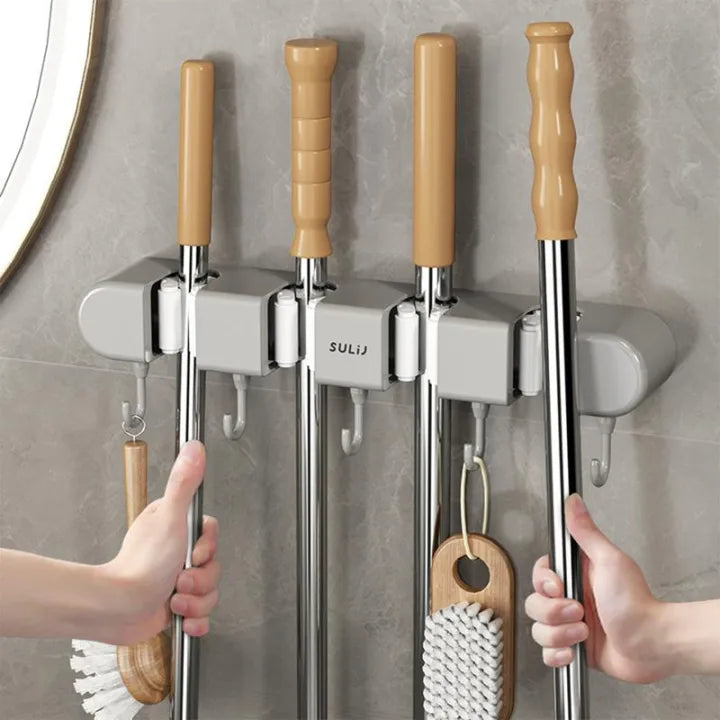 Wall Mounted Mop Holder Broom Hanger with Hooks for Bathroom and K