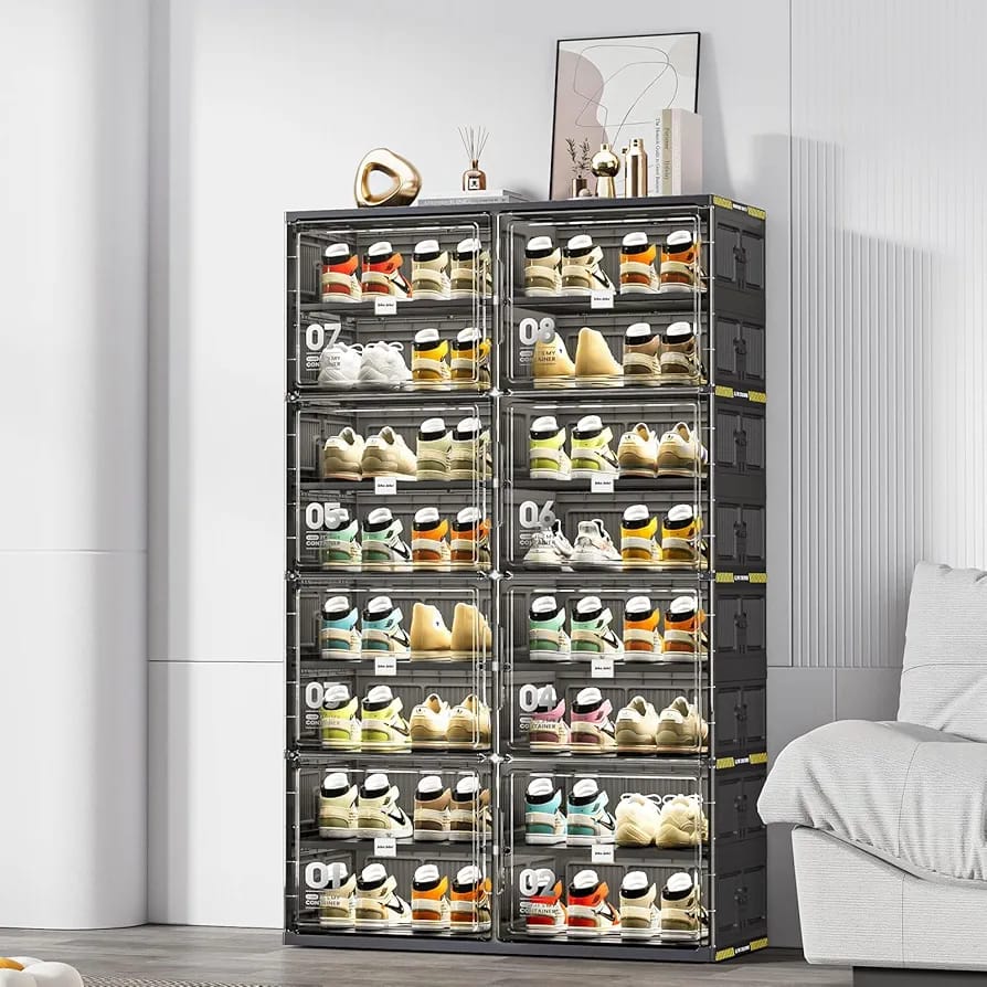 Foldable Shoe Rack Storage Cabinet With Shoes are Arranged On it.