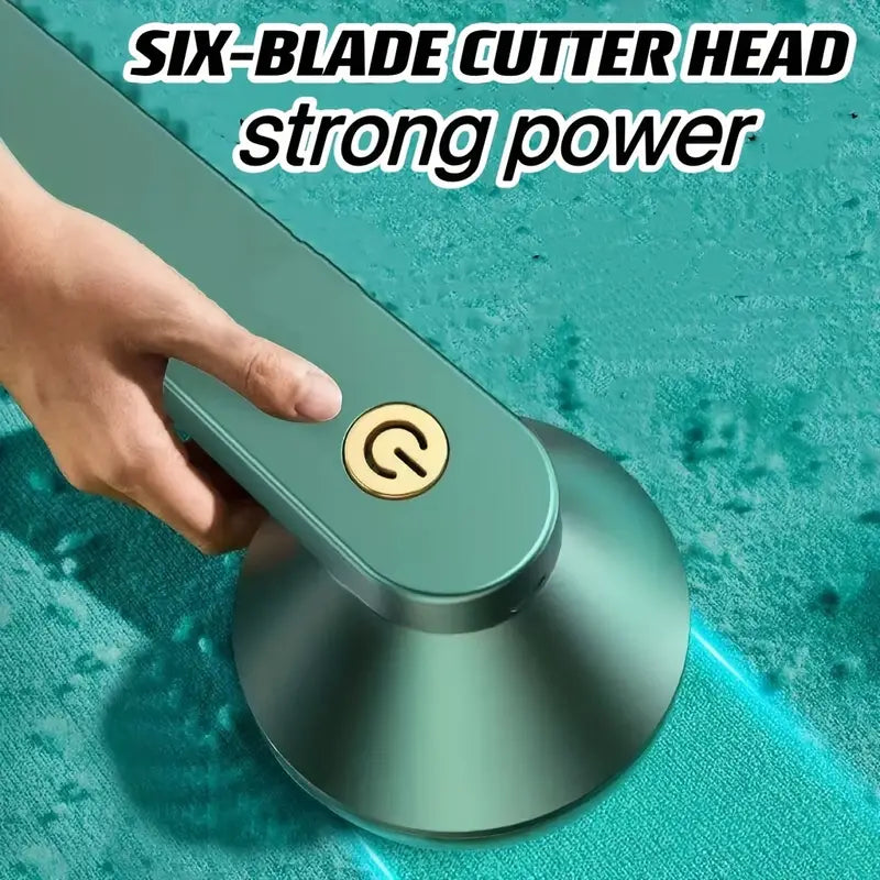 A Portable USB Rechargeable Lint Remover with a six-blade cutter head for strong power