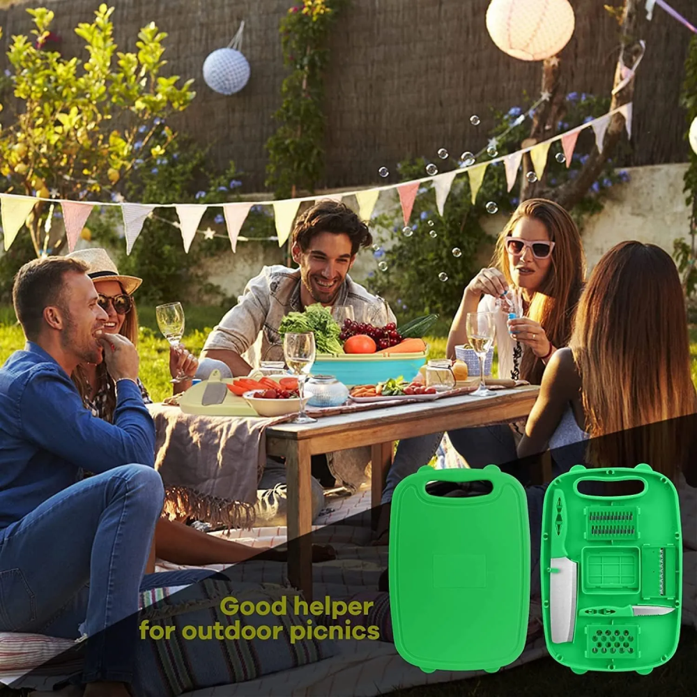 A Gang Of People are Using  9-in-1 Multifunction Cutting Board While Camping.