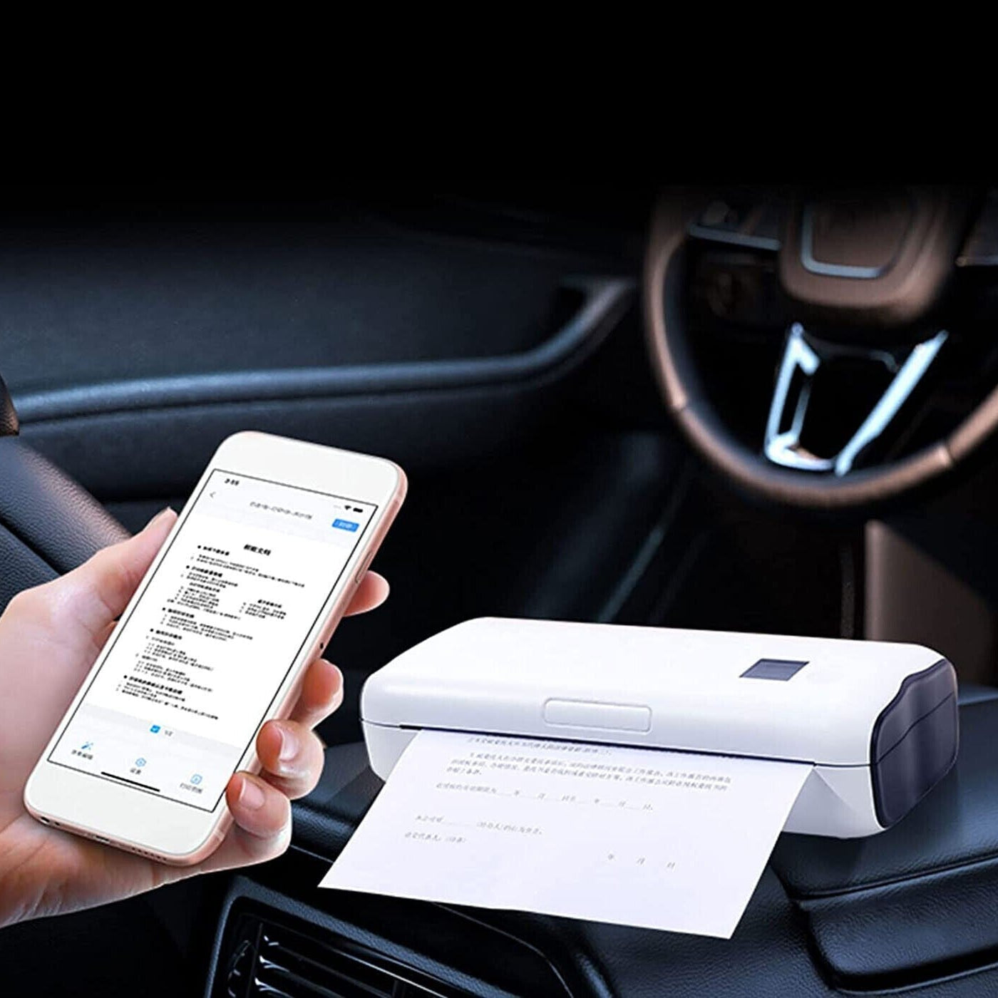 Hand holding a smartphone with a printing app next to a A4 Portable Thermal Printer on a car dashboard.