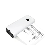 A A4 Portable Thermal Printer with a black front opening, shown printing a sheet of text onto a white paper tray against a clean white background.