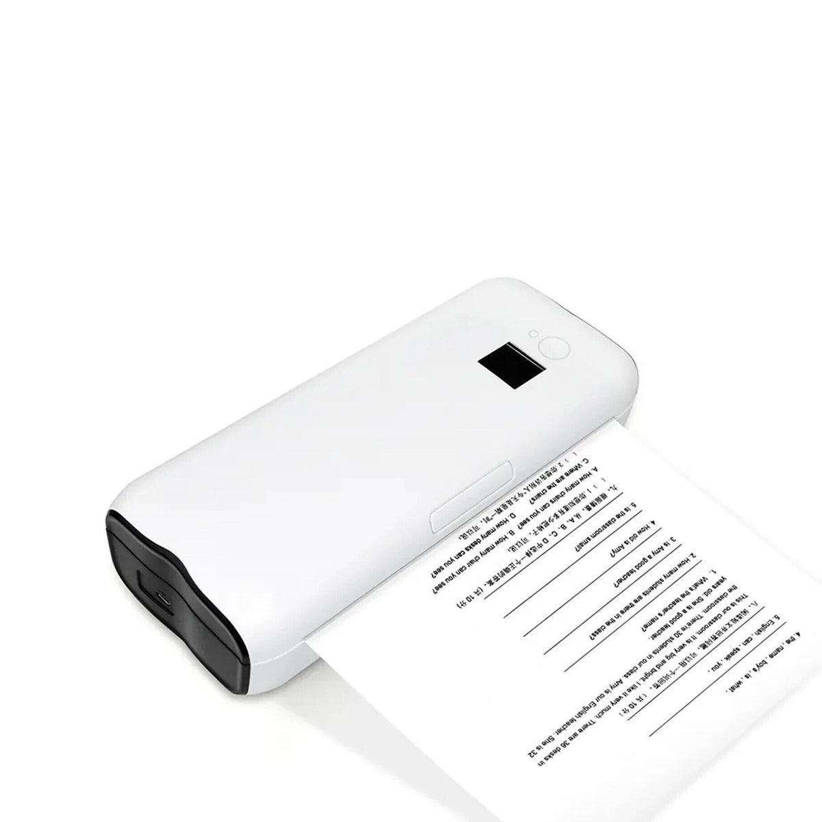A A4 Portable Thermal Printer with a black front opening, shown printing a sheet of text onto a white paper tray against a clean white background.