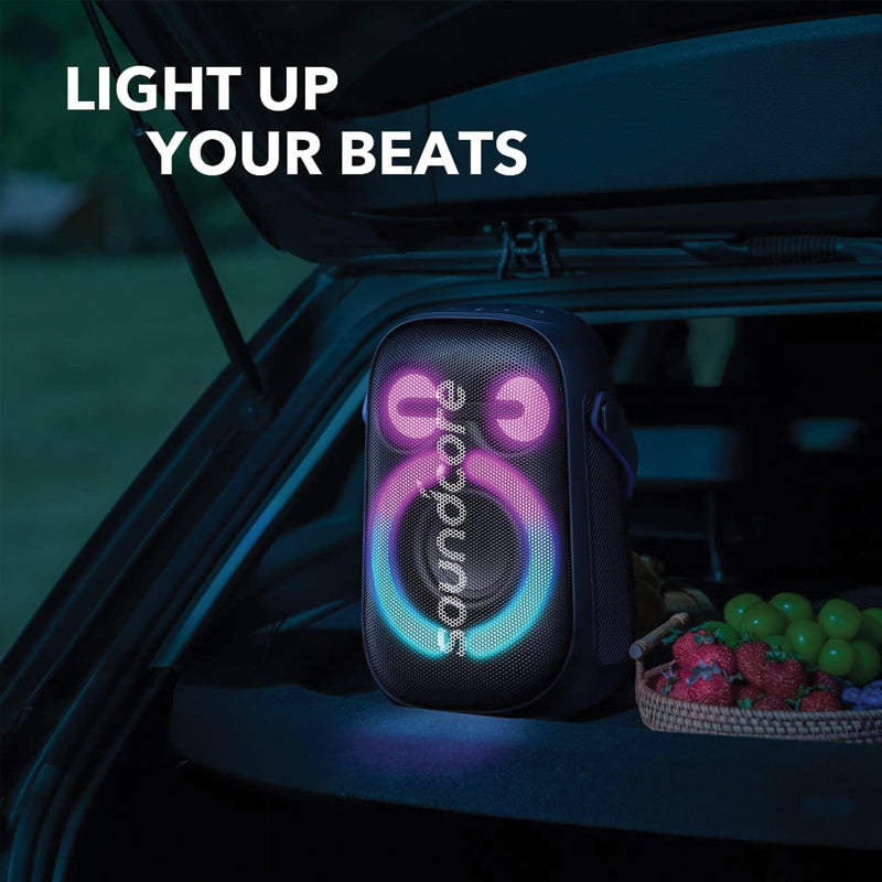 ANKER Soundcore Rave Neo 2 Bluetooth Stereo Party Speaker Placed in a Car.
