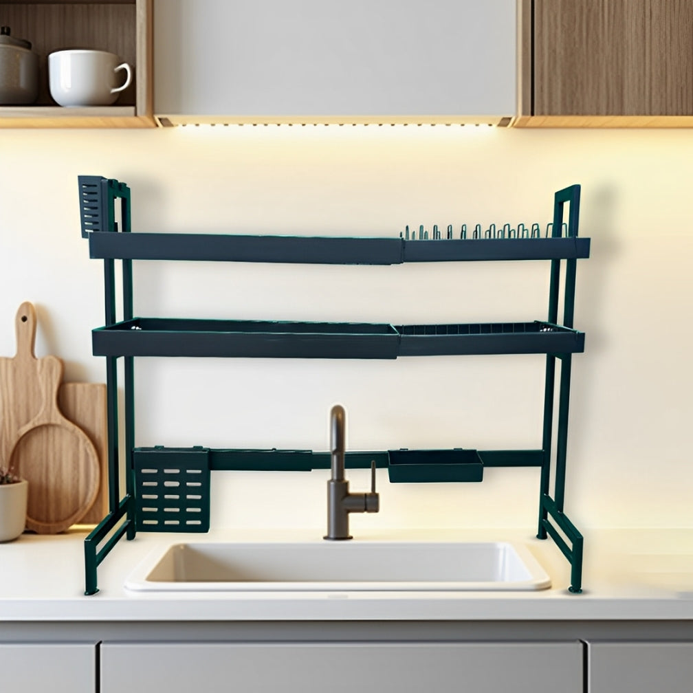 A 2 Layer Kitchen Dish Drying Rack Placed Over Kitchen Sink.