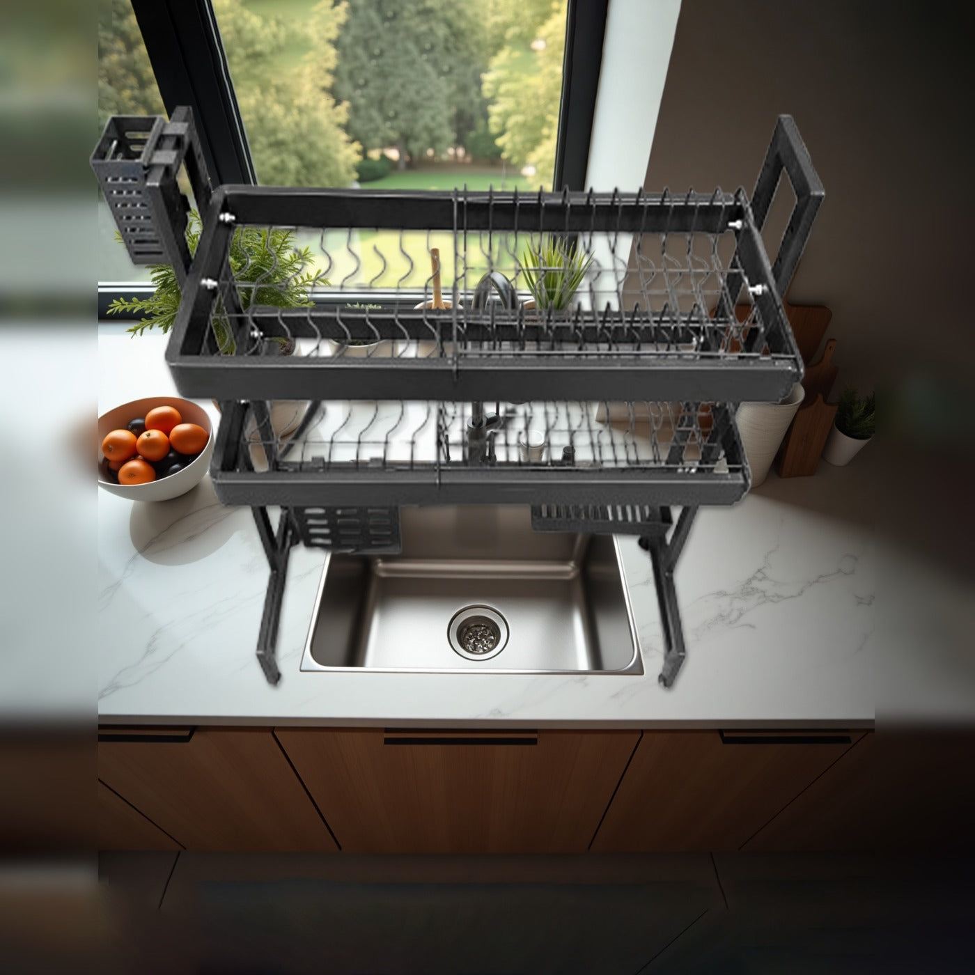 A 2 Layer Kitchen Dish Drying Rack Placed Over Kitchen Sink.