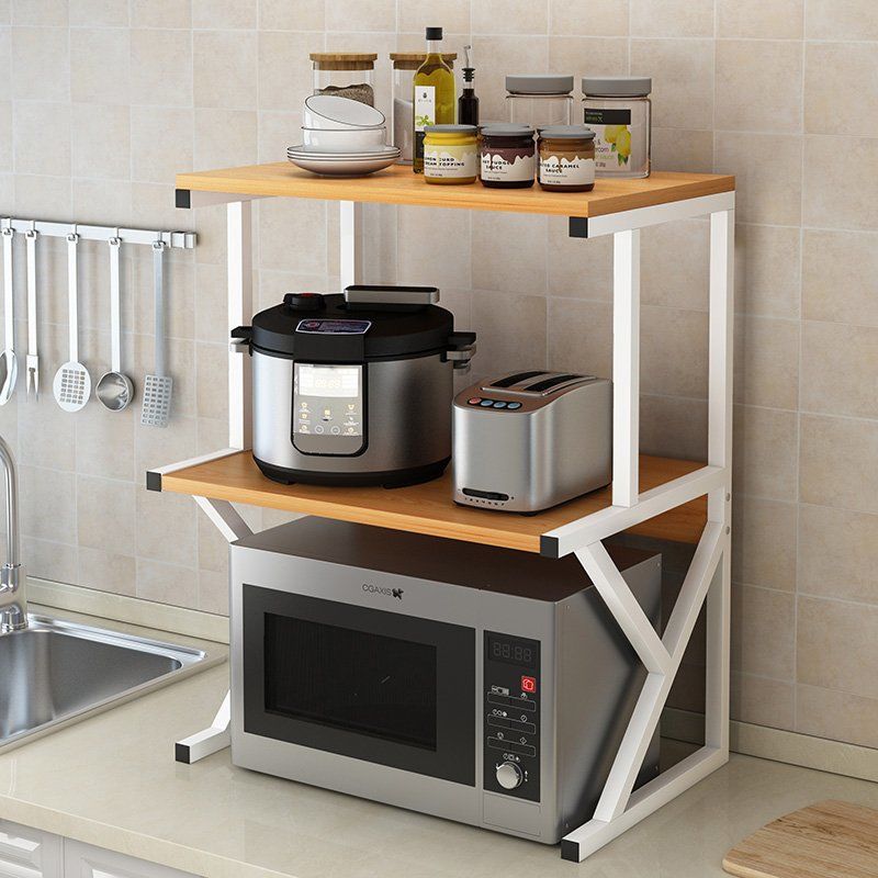 A 3-Tier Kitchen Microwave Oven Rack is Organized with Kitchen Appliances and Essentials.