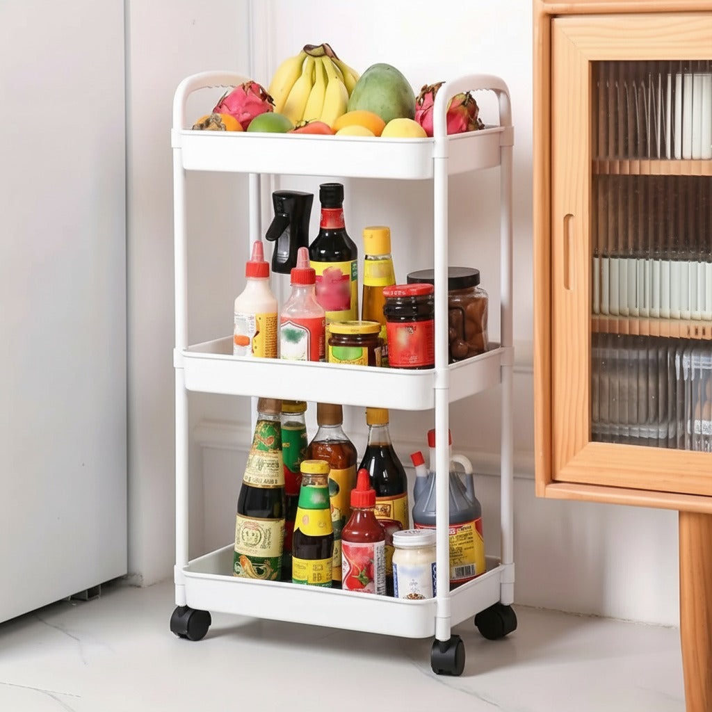 A 3-tier Trolley Cart is Organized with Kitchen Seasoning Items.