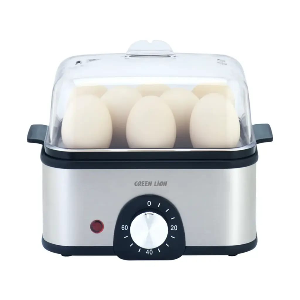 A 3-tier electric egg cooker and vegetable steamer with stacked transparent trays holding eggs.