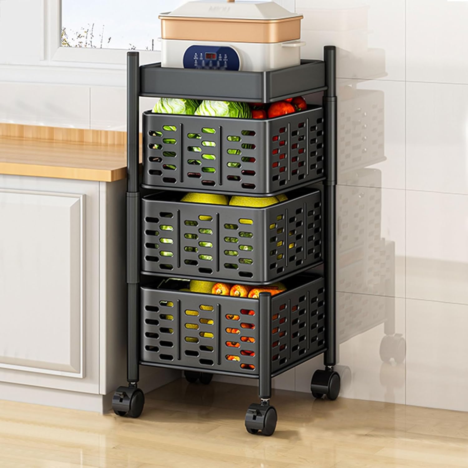 A 3 Tier Rotating Storage Kitchen Rack Shelf with Veggies are Placed at Kitchen Corner.
