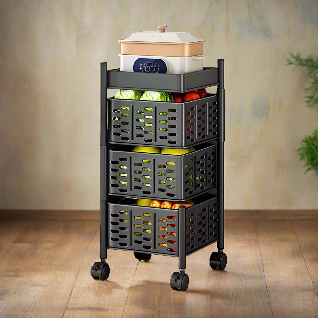 A 3 Tier Rotating Storage Kitchen Rack Shelf with Veggies.