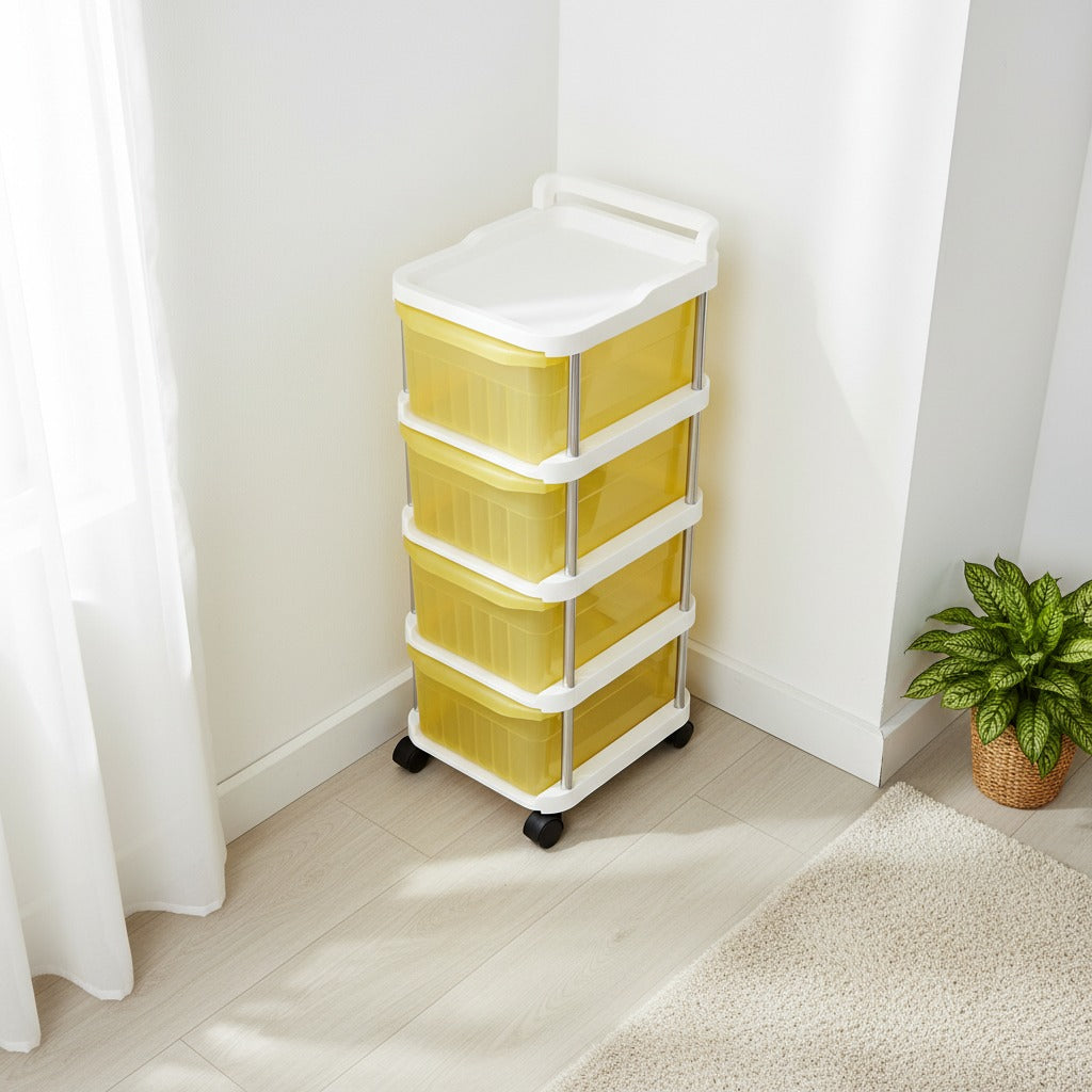 A 4 - Tier Rolling Storage Organizer Rack Kept on the Corner Of House.