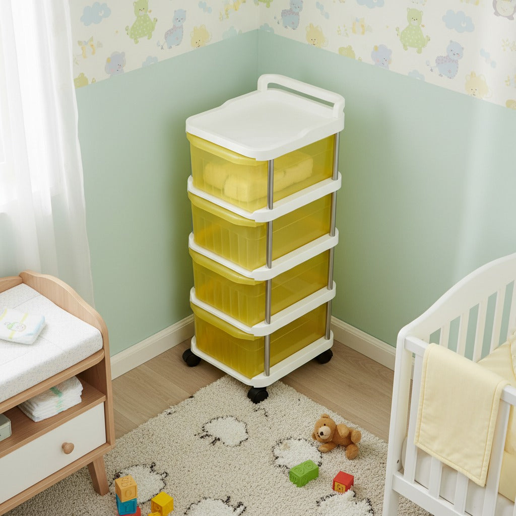 A 4 - Tier Rolling Storage Organizer Rack is Organized with Some Home Essentials.