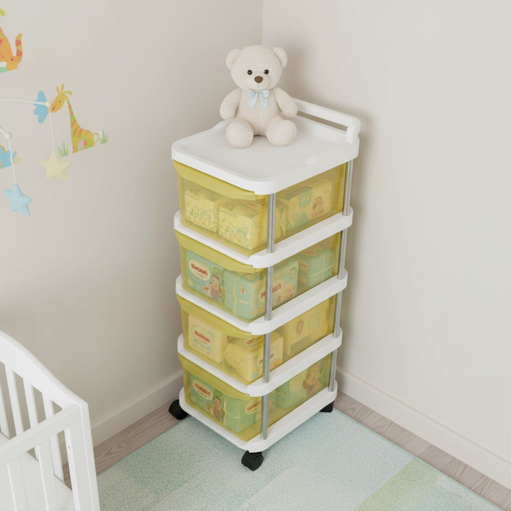 A 4 - Tier Rolling Storage Organizer Rack is Organized with Some Home Essentials.