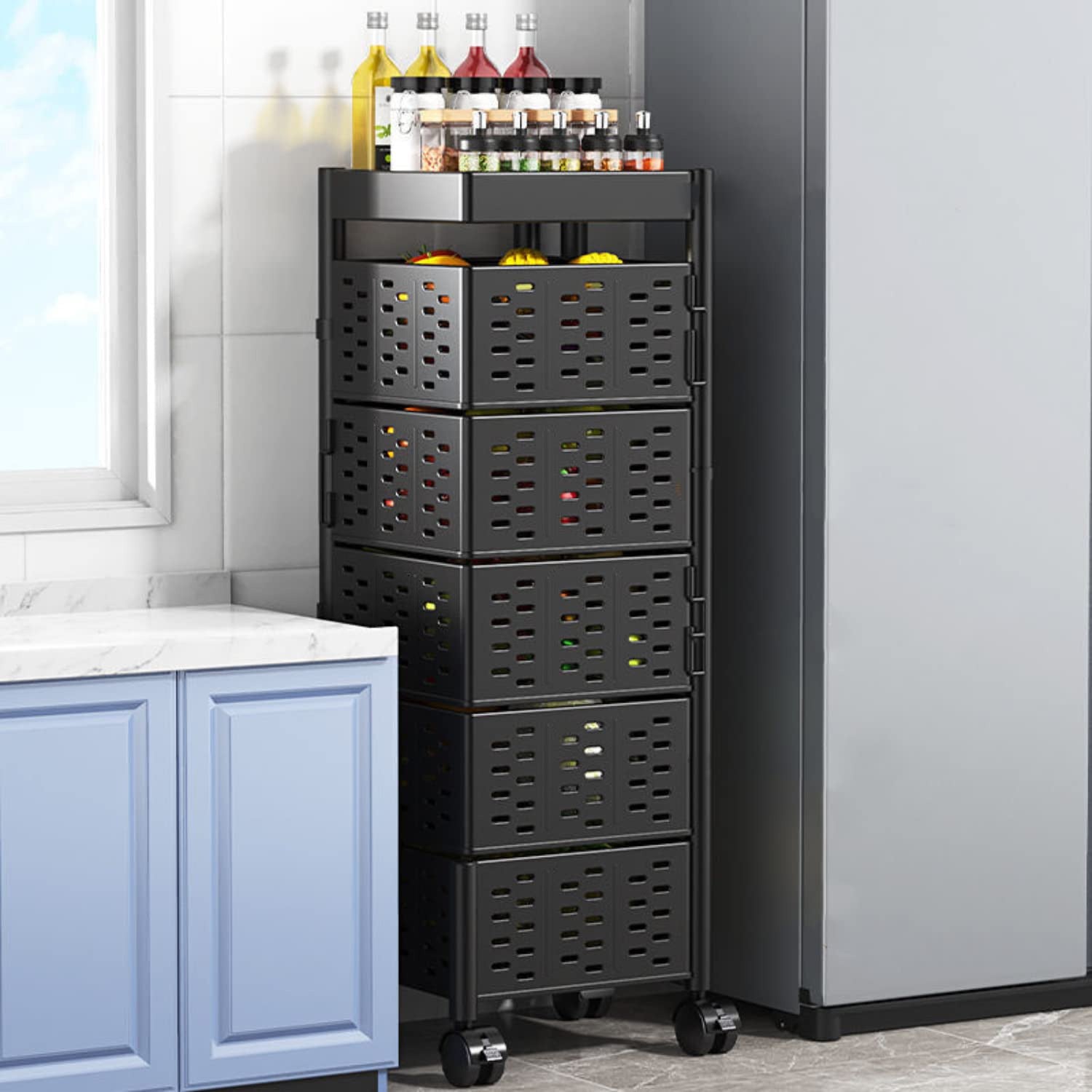 A 5 Tier Multipurpose Rotating Square Kitchen Storage Rack is Placed at Corner Of Kitchen Area.