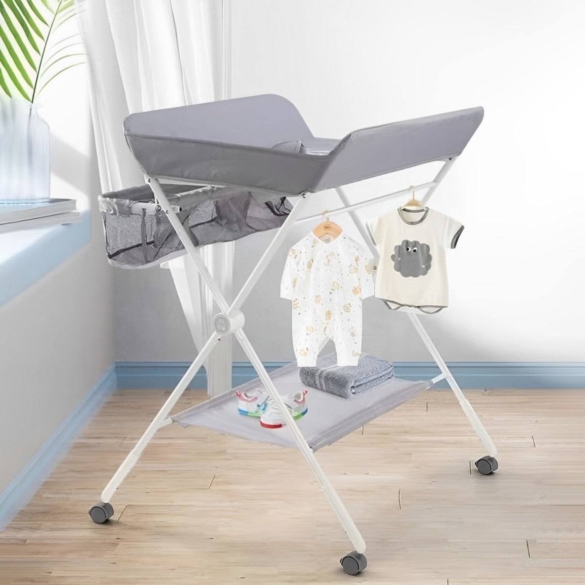 A Baby Diaper Changing Station with   With Baby Items are Hanged On it.