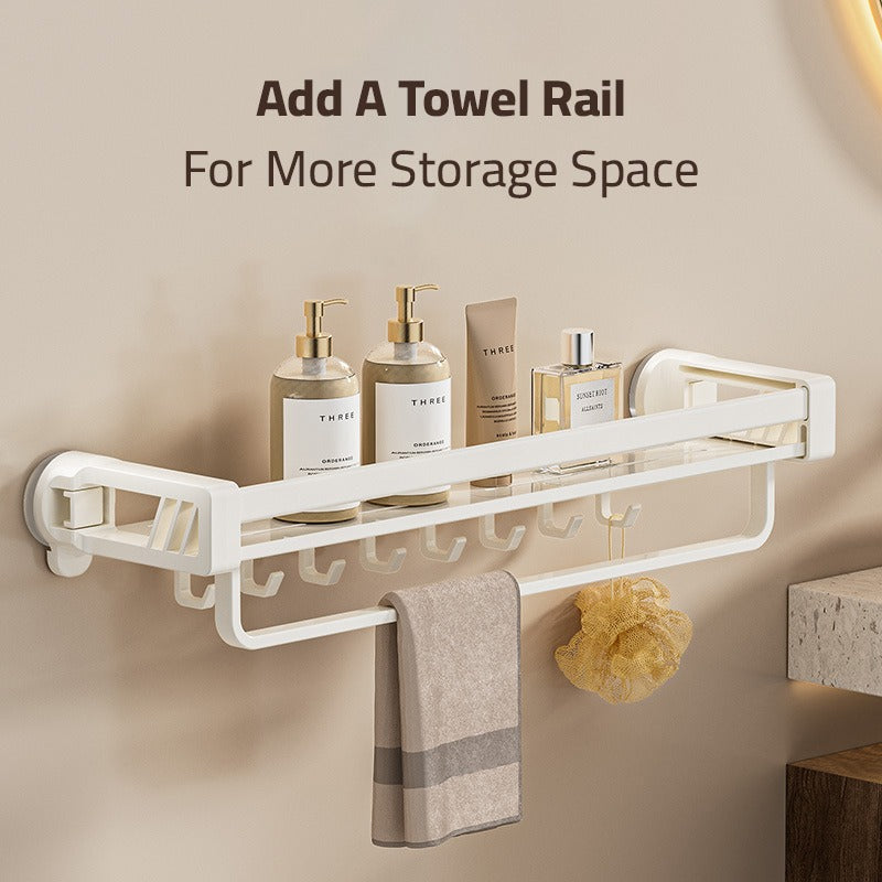  A Bathroom shelf rack is Attached to the Wall Of Bathroom Area Organized with Shower Items.