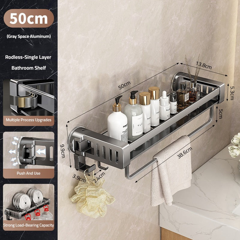 Size Of  A Bathroom shelf rack Which is Attached to the Wall Of Bathroom Area Organized with Shower Items.