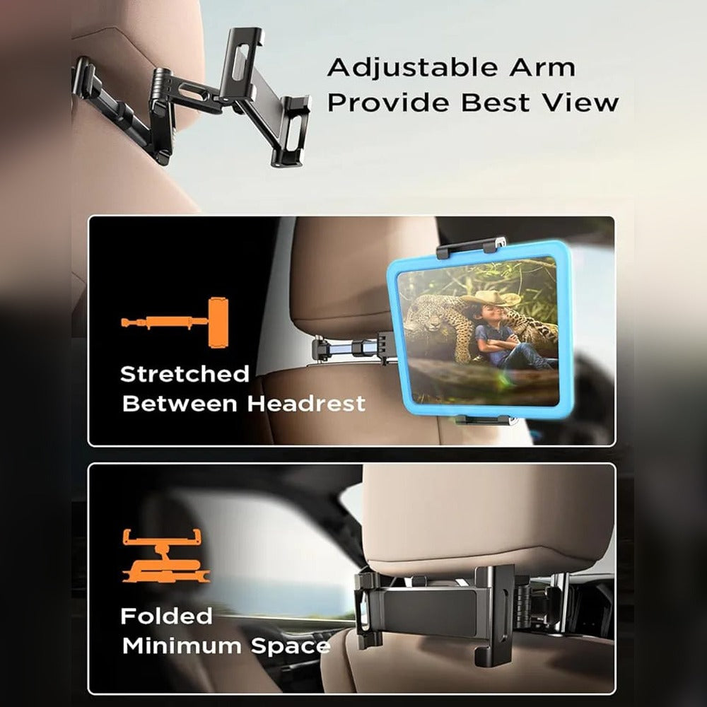 A Car Mobile Phone Tablet Holder Stand is Installed On Car Headrest.