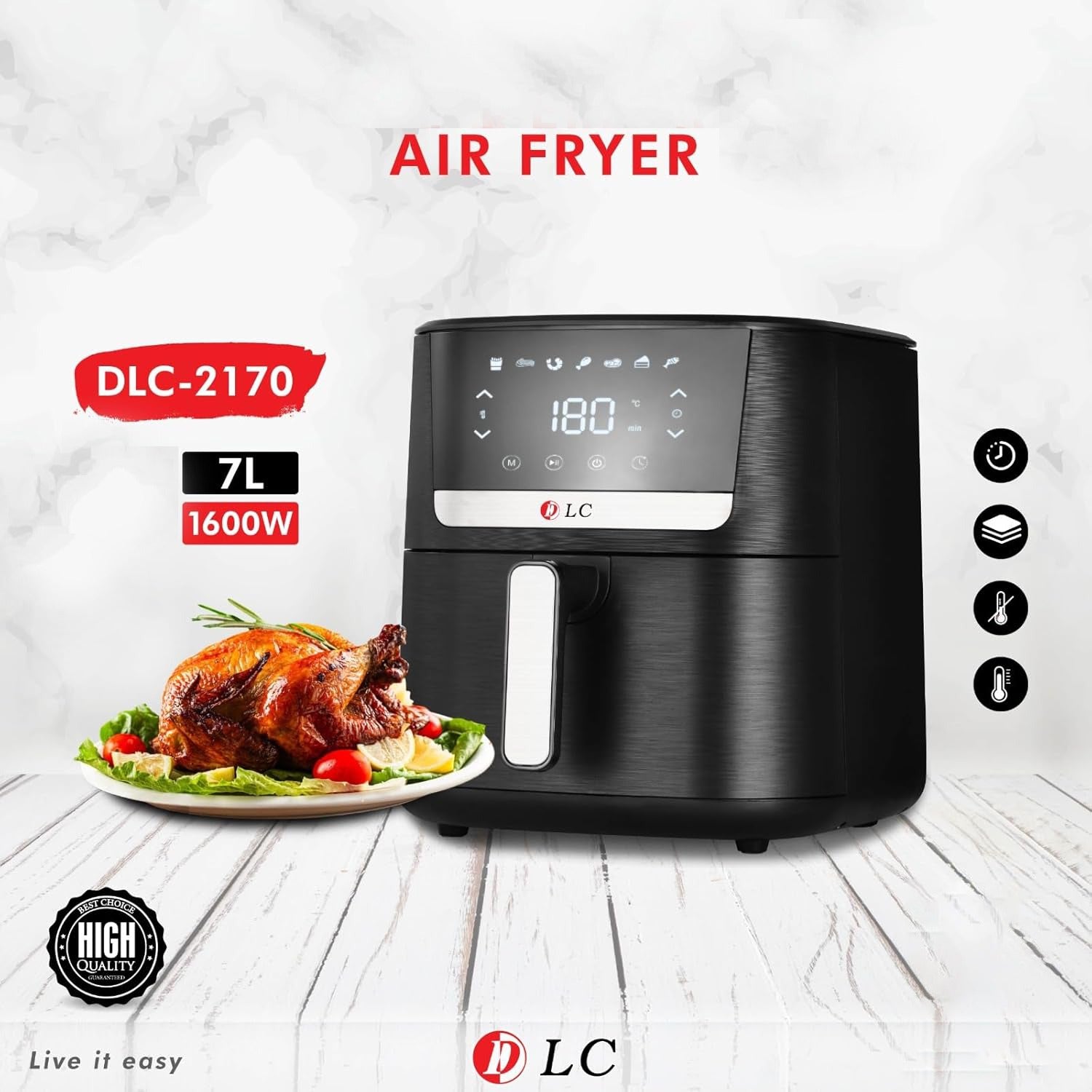 A DLC 7.0L Air Fryer and a Plate of Cooked food is Placed Nearby.