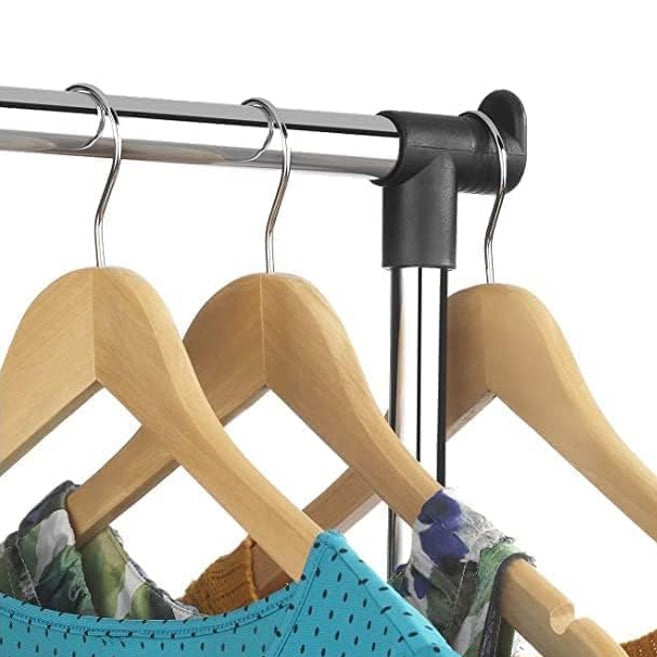Design Details Of a Double Pole Portable Garment Rack is Organized with Clothes.