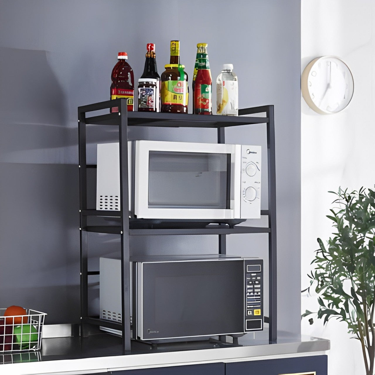 A Expandable Microwave Oven Rack Shelf is Placed At Kitchen Countertop with Oven and Kitchen Essentials.