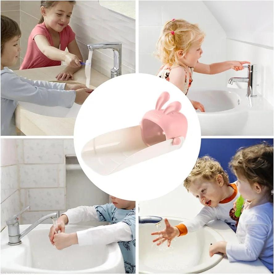 Different Babies Are Washing Hands On Tap Connected to A Faucet Extender for Toddlers.