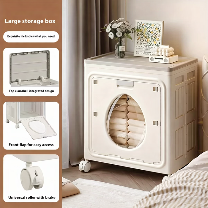A Foldable Cloth Storage Organizer Box is kept on the side of modern room neatly filled with folded clothes.