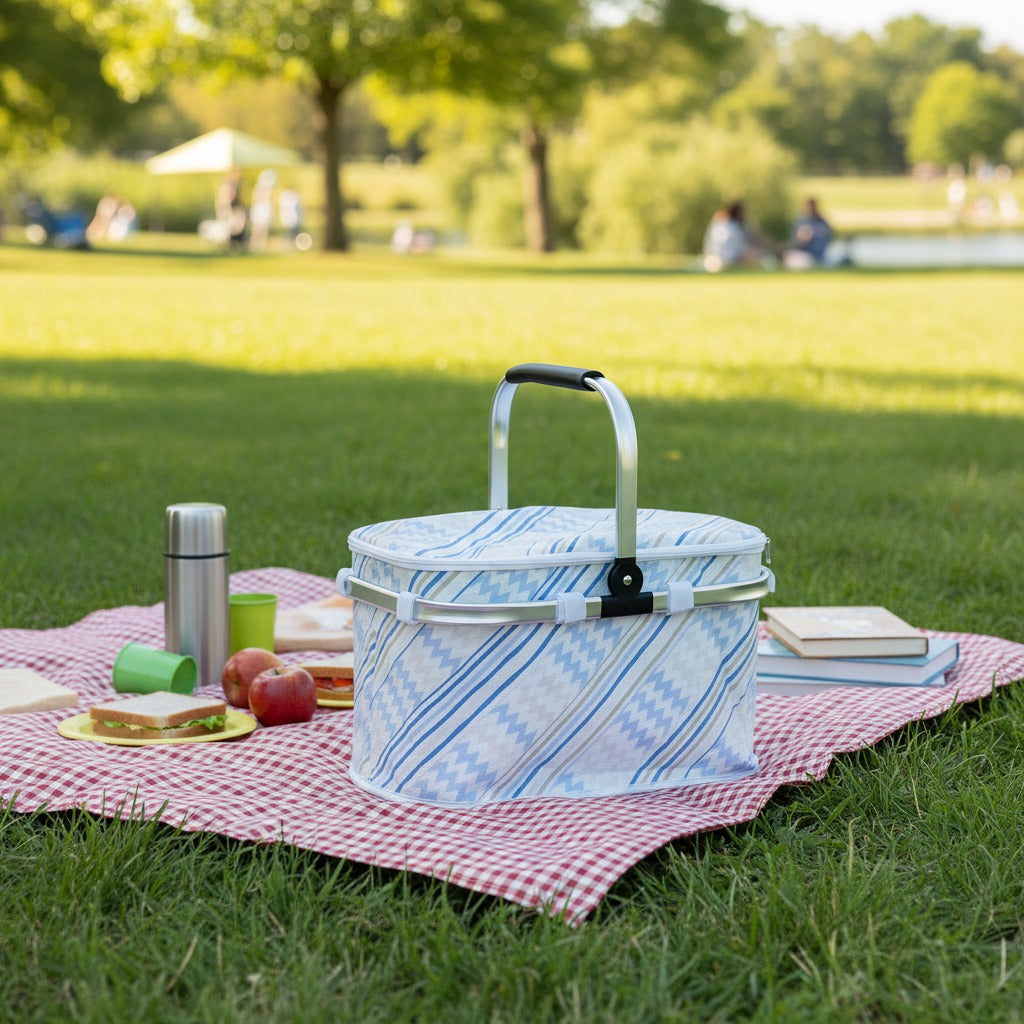 A Foldable Insulated Camping Picnic Basket is Placed in a Picnic Mat.