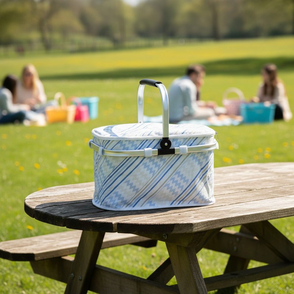 A Foldable Insulated Camping Picnic Basket is Placed in a Picnic Area.