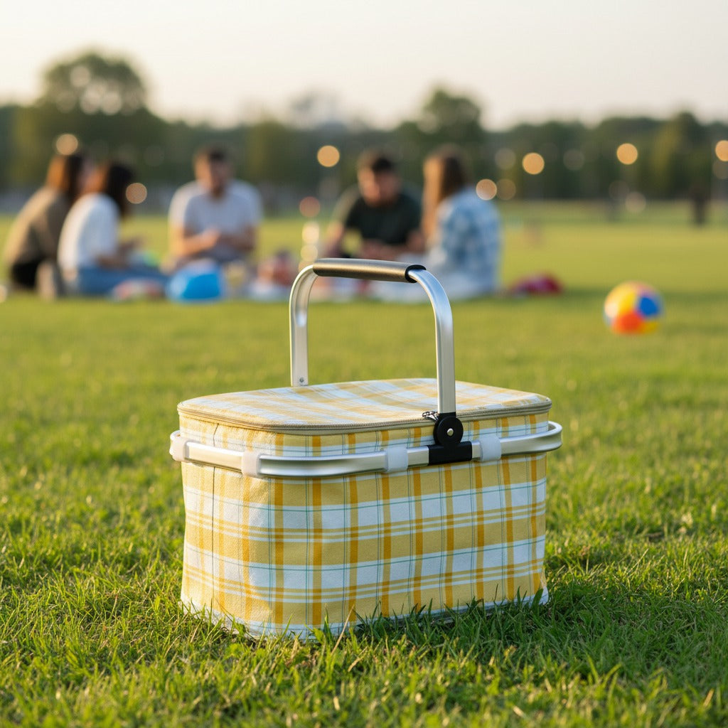 A Foldable Insulated Camping Picnic Basket is Placed in a Picnic Area.
