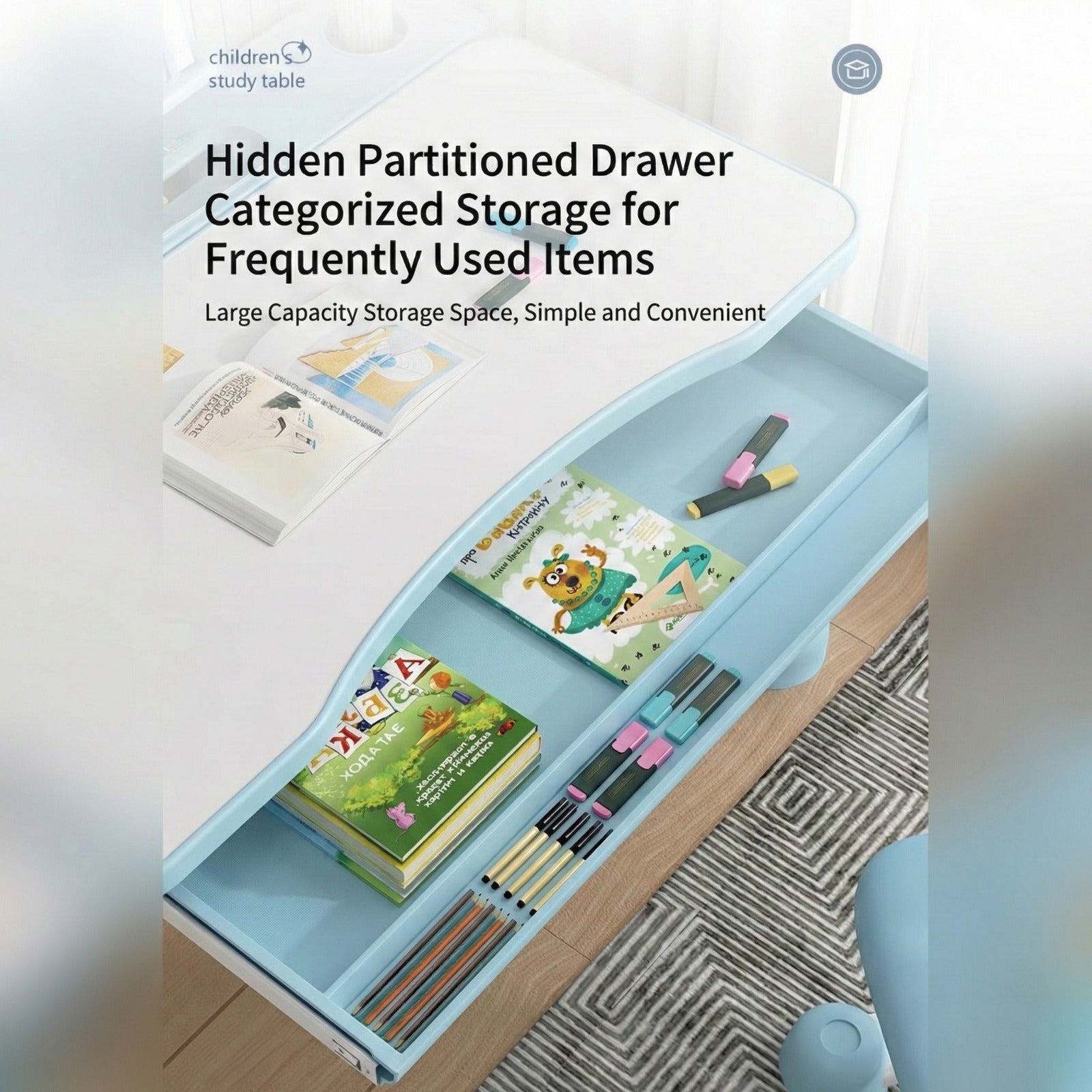 Drawer of  Kids Study Desk and Chair Set is Organized with Study Essentials.