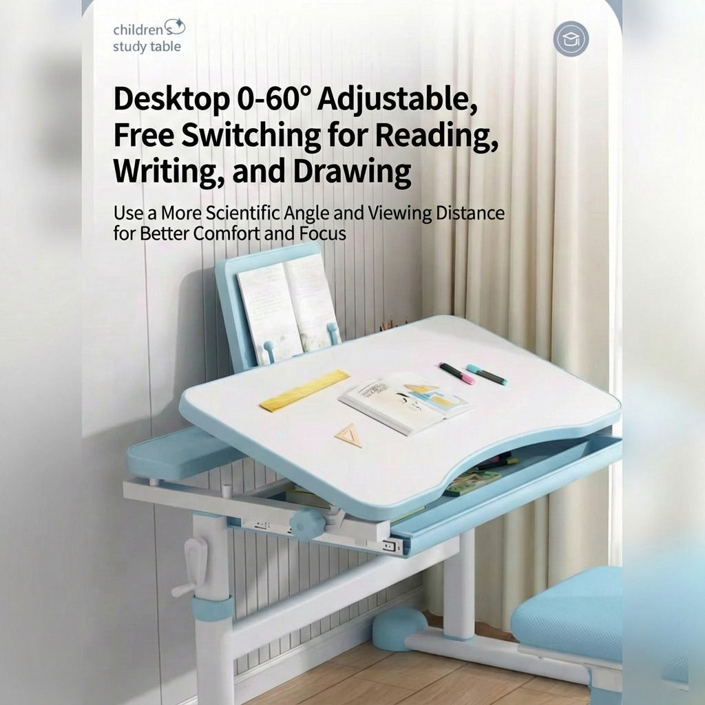 A Kids Study Desk and Chair Set is Organized in a Kids Room with Study Essentials.