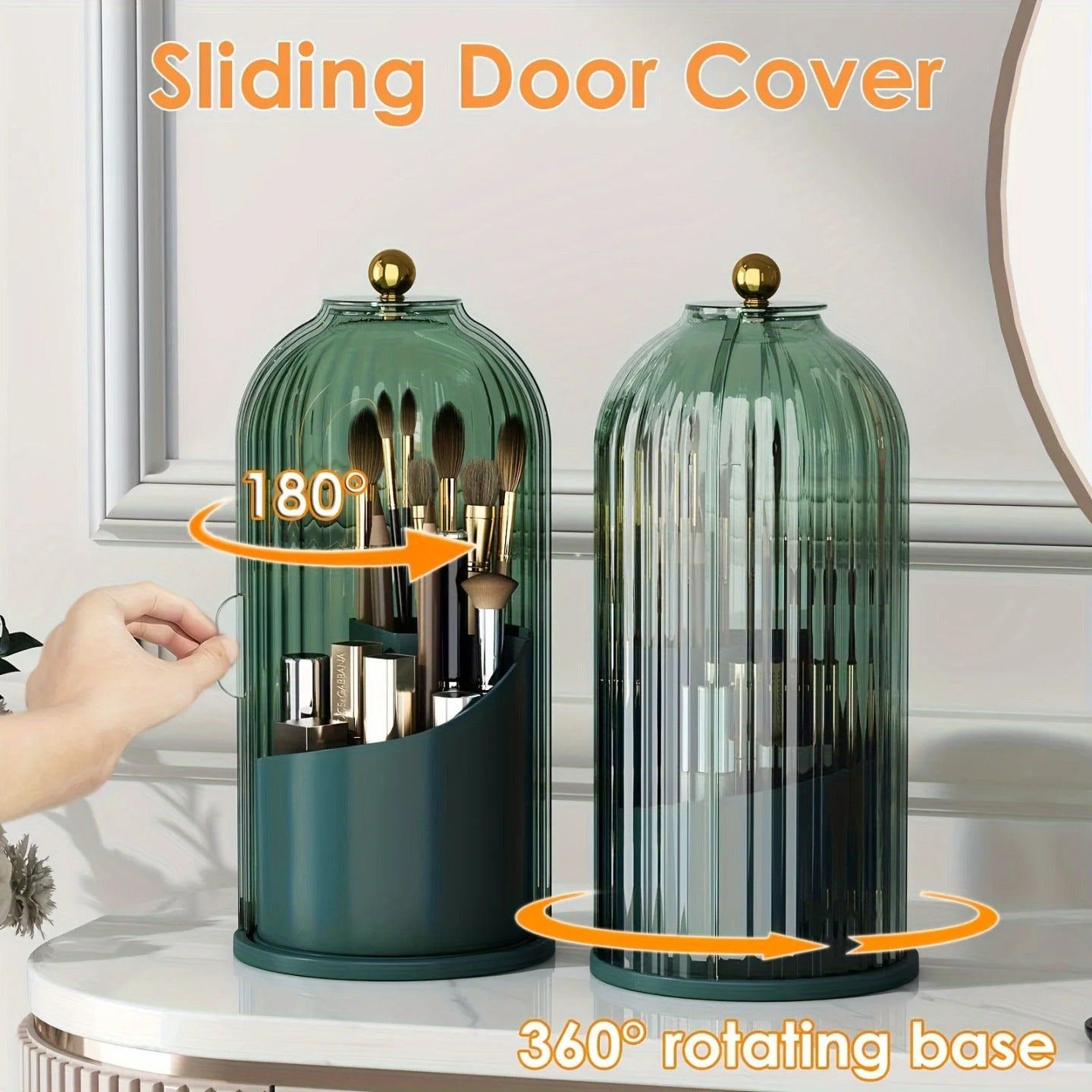 A Person is Opening  Makeup Brush Holder Organizer Stand which is Organized with Makeup Items.