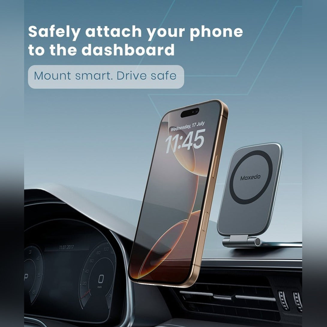 A Moxedo magnetic phone holder stand mounted on the car dashboard.