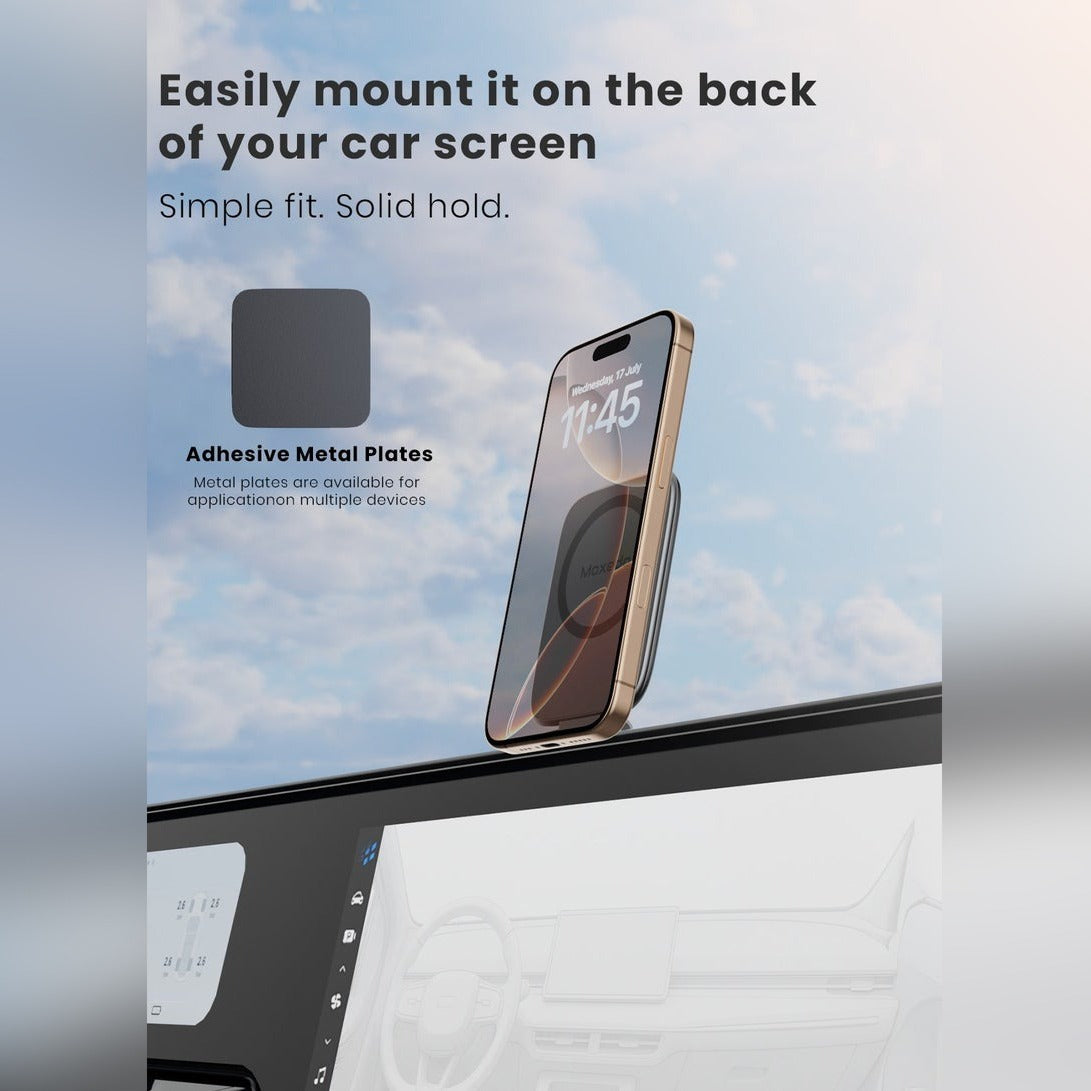 A Moxedo magnetic phone holder stand mounted on the back of a car screen, using adhesive metal plates to securely hold a smartphone for convenient in-car viewing.