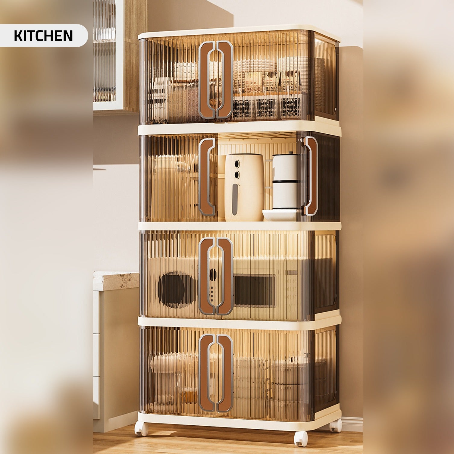 A Multi-Layer Movable Storage Cabinet Organized with Kitchen Essentials.