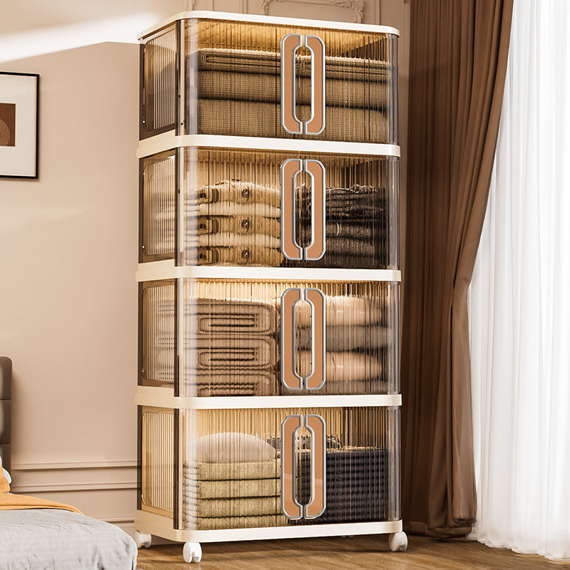 A Multi-Layer Movable Storage Cabinet Organized with Clothes.