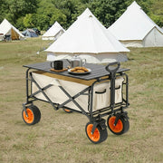 A Multi-Purpose Trolley with Table Organized with Food Items are Kept Near Camping Tent.