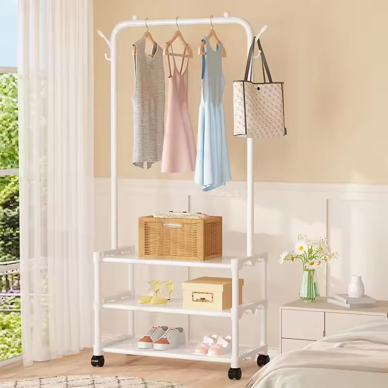 A Multifunctional Cloth Rack with Shoe Stand is Used for Hanging Cloths and Arranging Shoes.