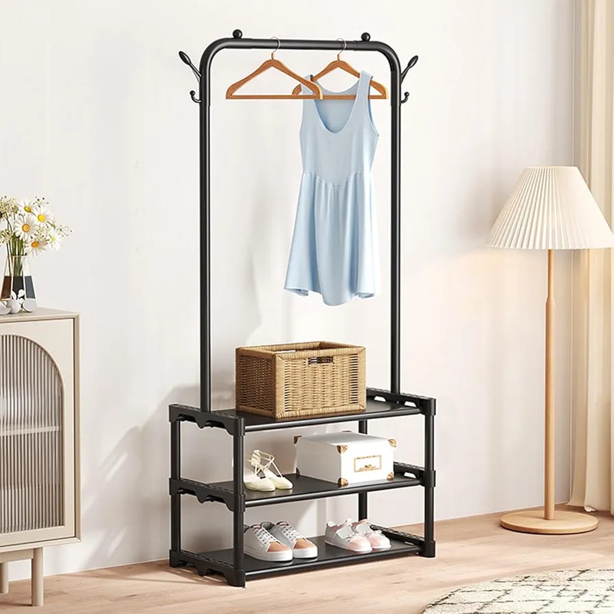 A Multifunctional Cloth Rack with Shoe Stand is Used for Hanging Cloths and Arranging Shoes.