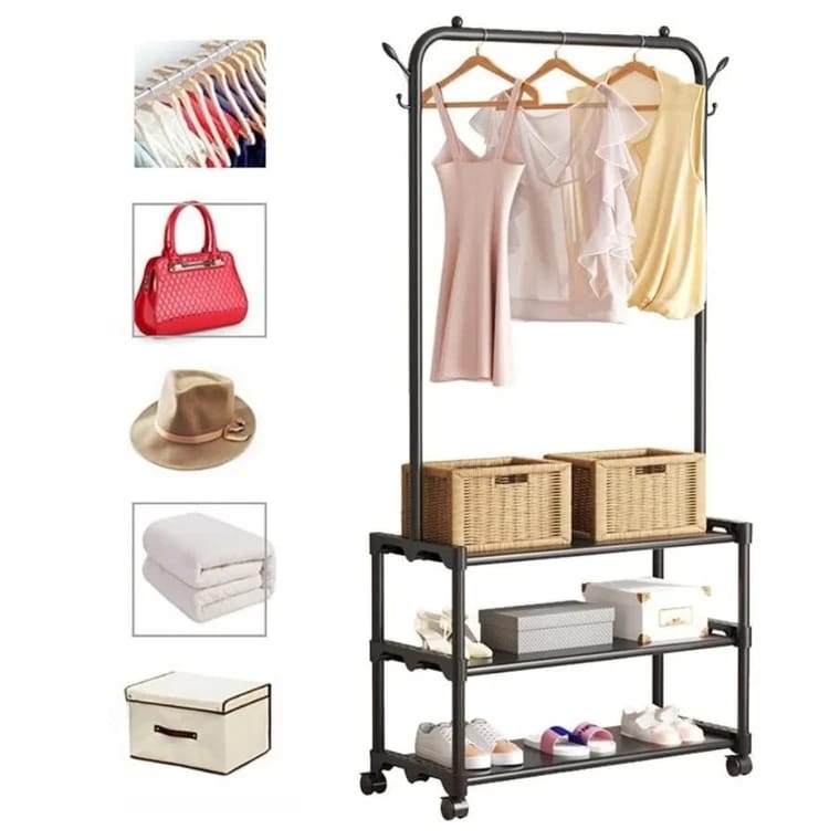 A Multifunctional Cloth Rack with Shoe Stand is Used for Hanging Cloths and Arranging Shoes.